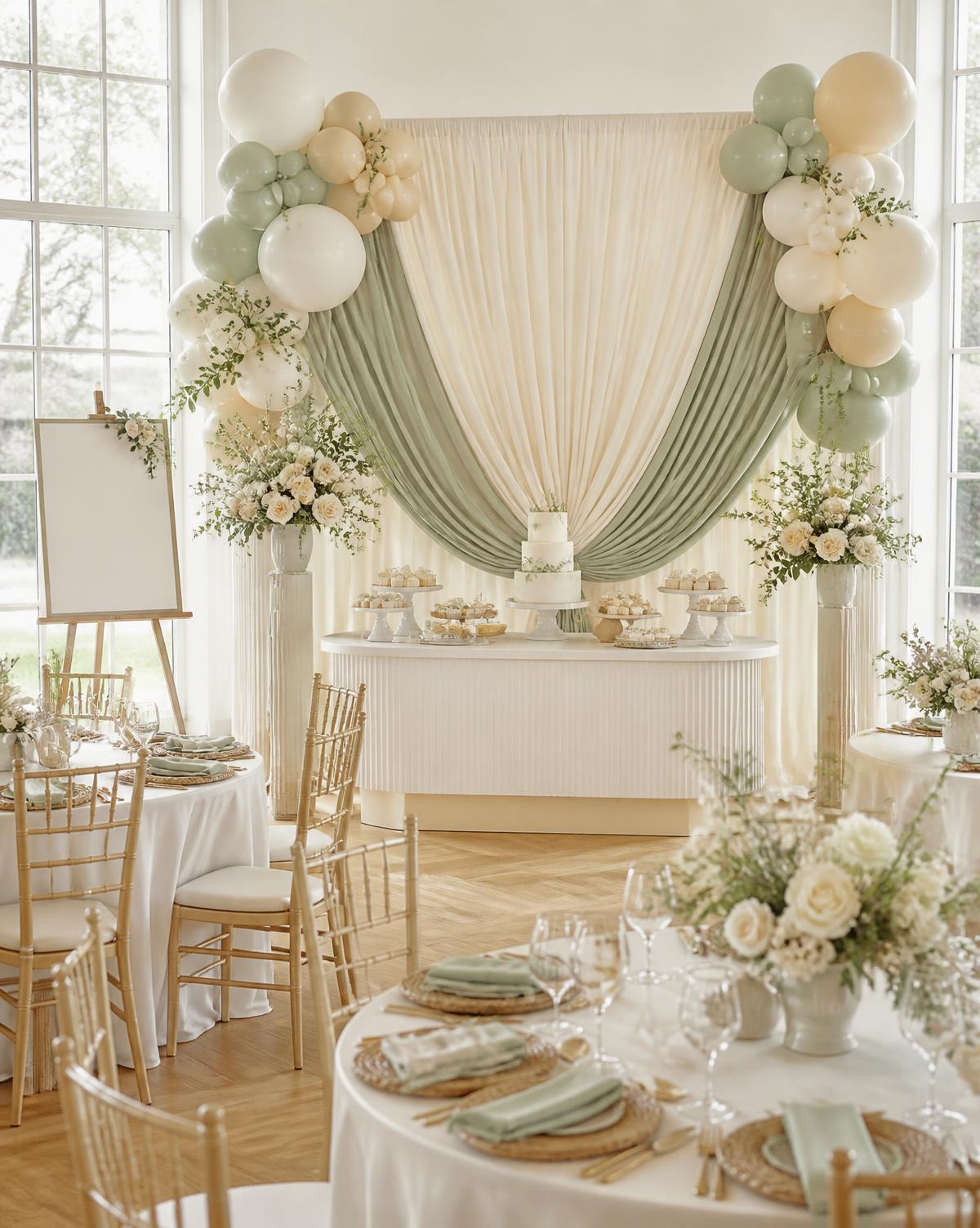 Baby shower with dessert table, draping and guest seating