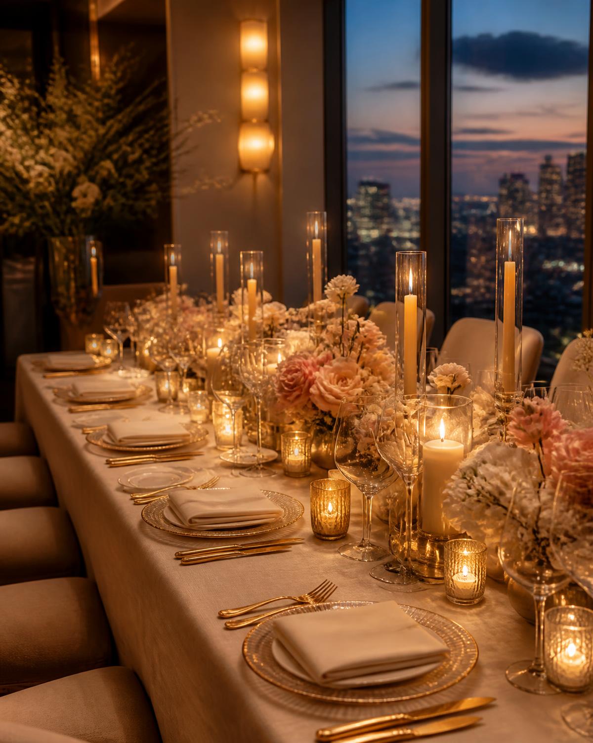 Candlelit evening dinner party table with gold accents