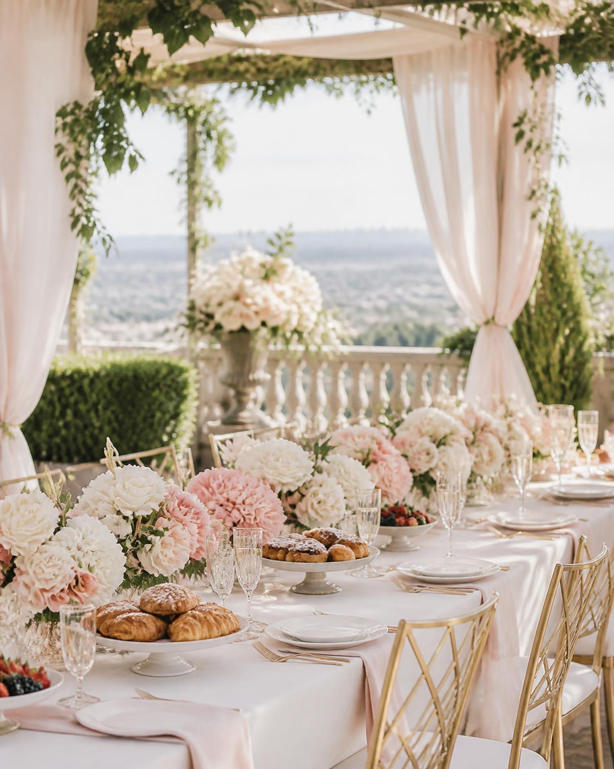 Blush and cream bridal shower brunch table on a terrace