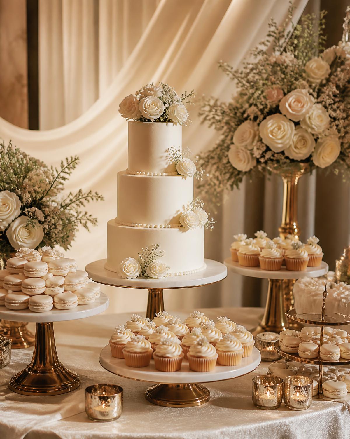 Tiered cake and dessert display with florals
