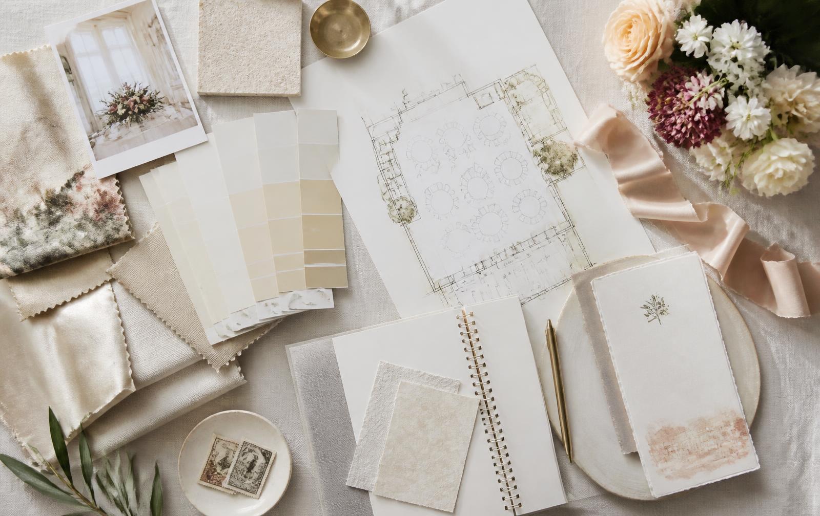 Event planning flat lay with mood board swatches, floor plan sketch and notes