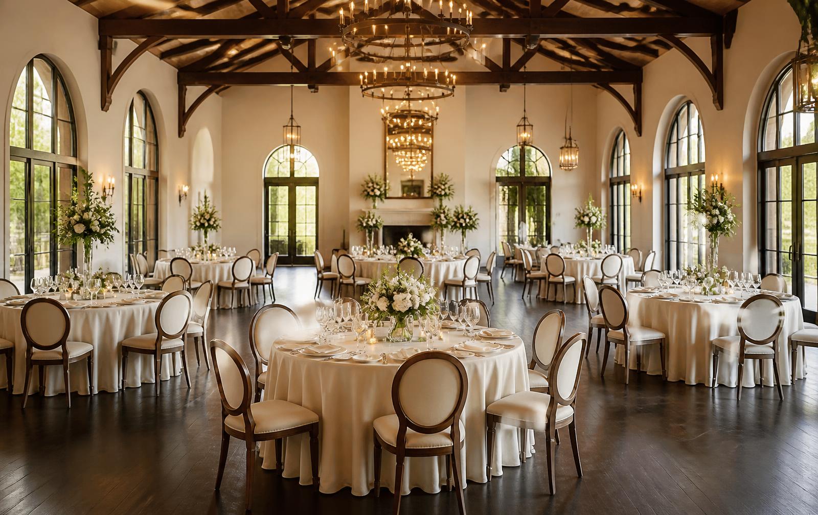 Elegant event venue fully set with round tables, linens and centerpieces before guests arrive