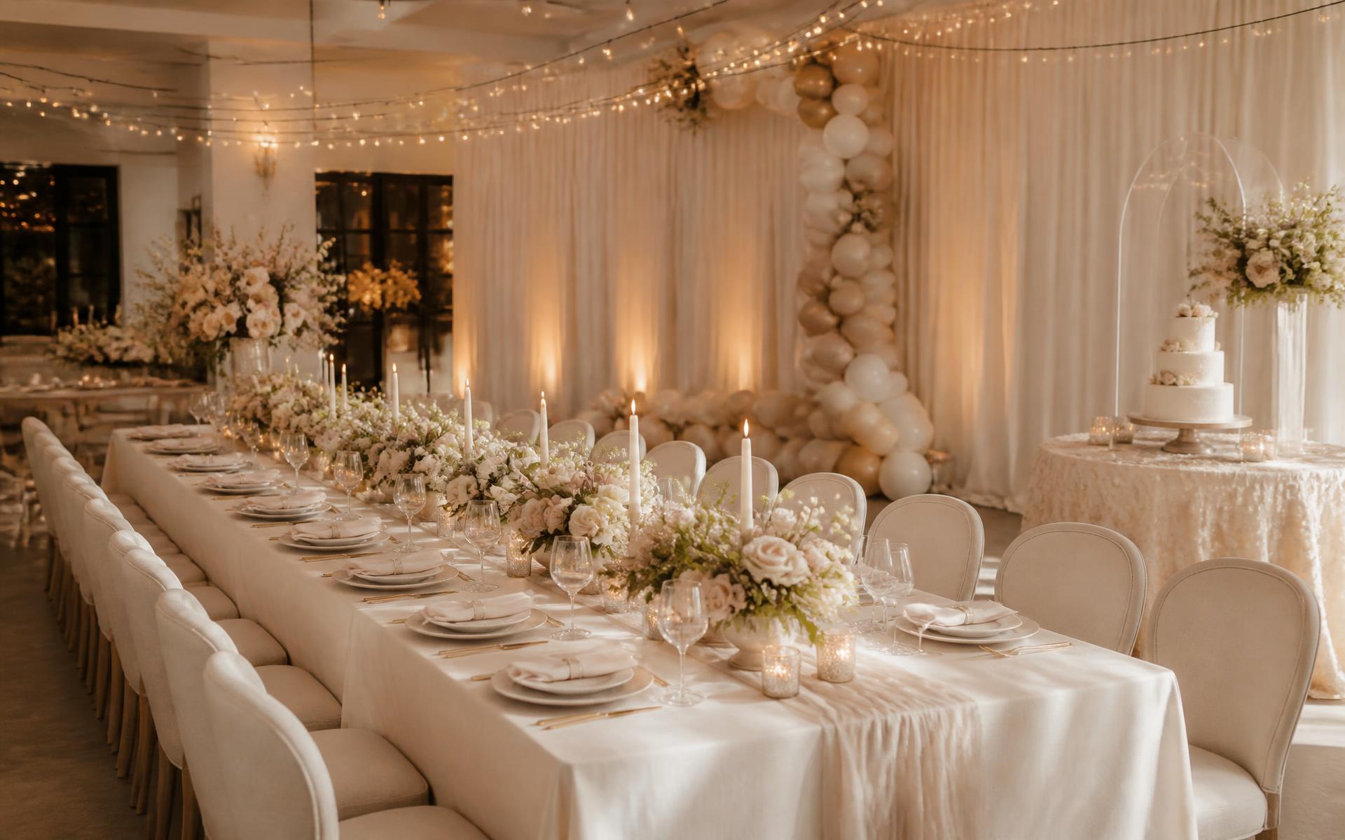 Atlanta event decor with guest tables, florals, ambient lighting, a styled backdrop and dessert display in an elegant venue